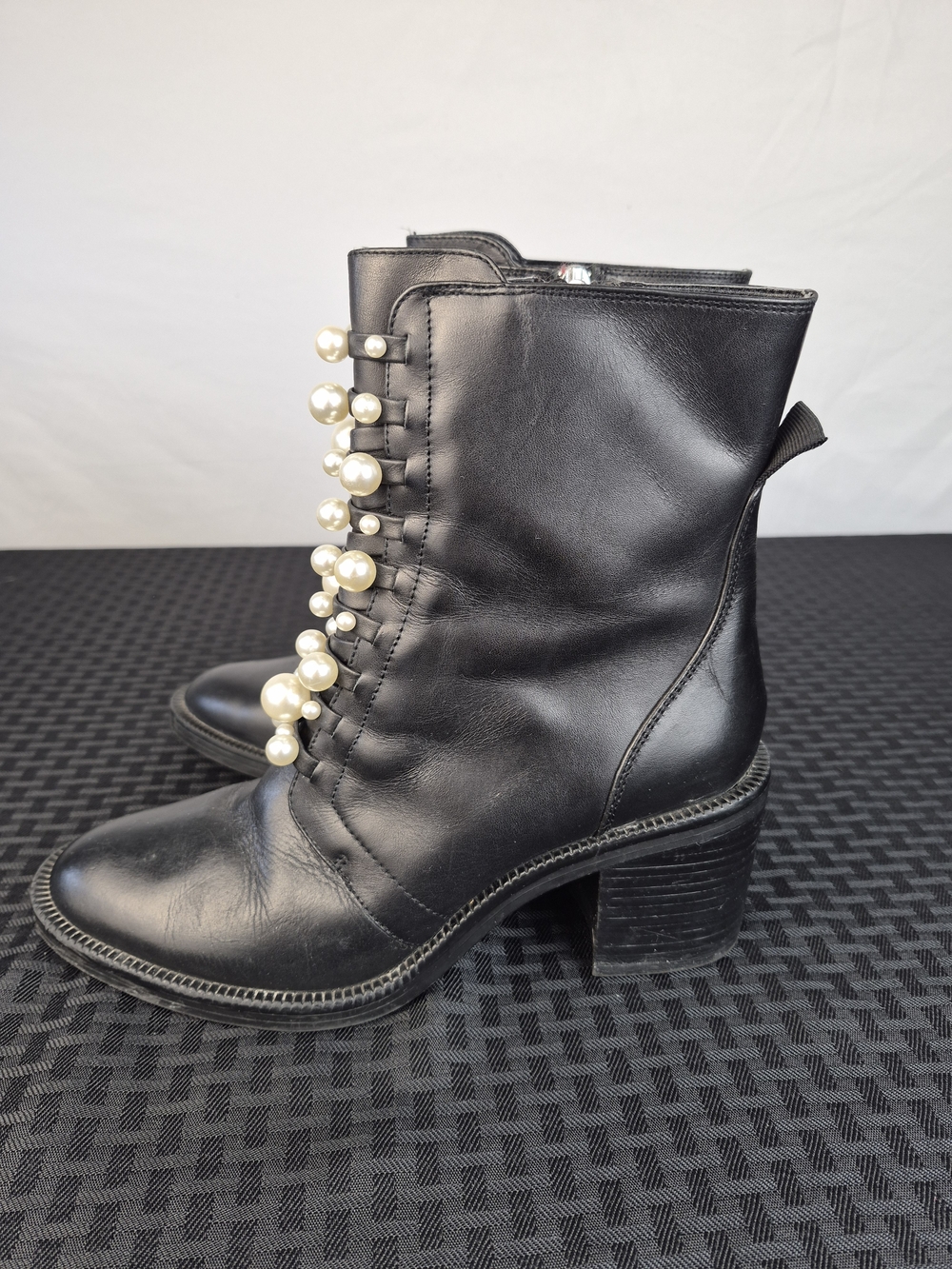 Zara Black Leather Ankle Boots with Pearl Embellishments - Picture 3 of 7